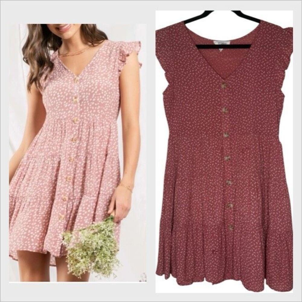 Sweet Wanderer Dress Deep Coral Floral Print Flutter Sleeve Tiered Mini Size L